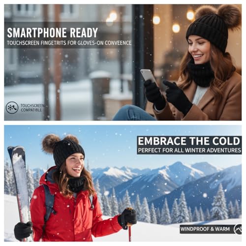 3 Pcs Women Winter Knit Beanie Hat Scarf Touchscreen Gloves Set Warm Soft Thick Fleece Lined Skull Cap with Double Pom Pom - color: Black