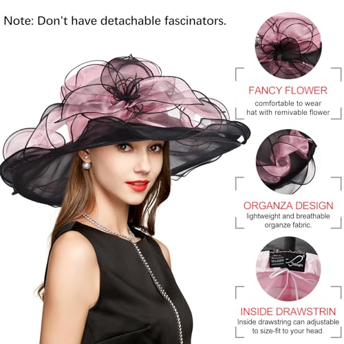 2026 Derby Hats for Women Ladies, Classy Organza Sun Hat, Church Tea Party Wedding Kentucky Fascinator Hat - color: J-2462-pink Black