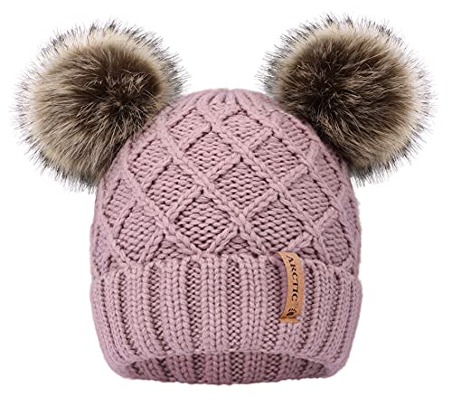 Arctic Paw Womens Winter Hat Cable Knit Beanie for Women Faux Fur Pompom Ears - color: Pink_grid