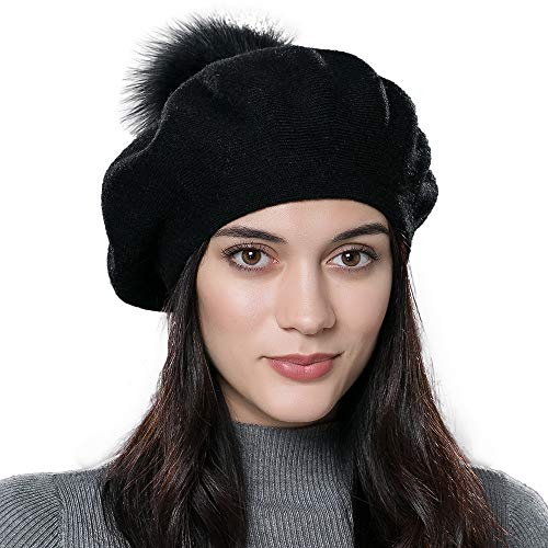 Womens Winter Beret Hat Knitted Beanie Cap Autumn Winter Hat French Classic Beret - color: Black With Black Fox Fur Pompom