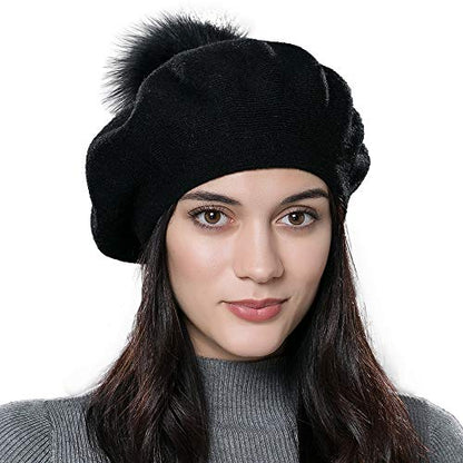Womens Winter Beret Hat Knitted Beanie Cap Autumn Winter Hat French Classic Beret - color: Black With Black Fox Fur Pompom