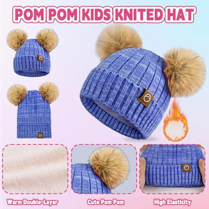 Kids Winter Hat Gloves Scarf Set Girls, Children Beanies Hats with Pom Pom - color: Sapphire Blue Mix