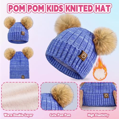 Kids Winter Hat Gloves Scarf Set Girls, Children Beanies Hats with Pom Pom - color: Sapphire Blue Mix