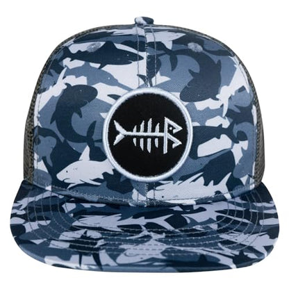 BASSDASH Flat Brim Trucker Cap Adjustable Snapback Hat Mesh Back for Men Women - color: Shark Camo