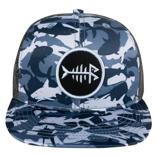 BASSDASH Flat Brim Trucker Cap Adjustable Snapback Hat Mesh Back for Men Women - color: Shark Camo