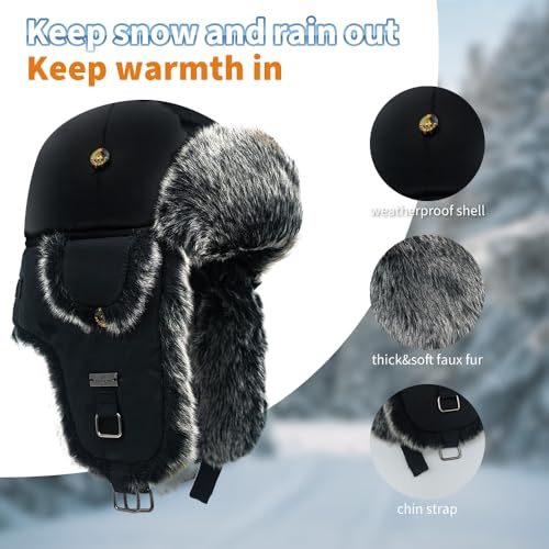 Fur Winter Trapper Hat,Unisex Taslon Faux Fur Aviator Ski Trapper Trooper Pilot Hat,Snow Eskimo Hat with Ear Flaps - color: Black 2, size: Small-Medium