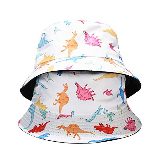 Quanhaigou Unisex Sun Hats, Fashion Beach Bucket Hat for Men Women,Summer Outdoor Boonie Cap Breathable Packable - color: White Dinosaur