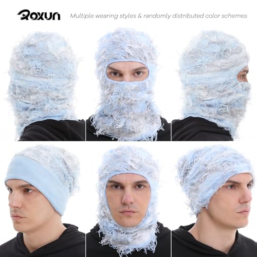 ROXUN Distressed Ski Mask Balaclava, Yeat Shiesty Fluffy Knitted Full Face - color: 01- Light Blue Mixed
