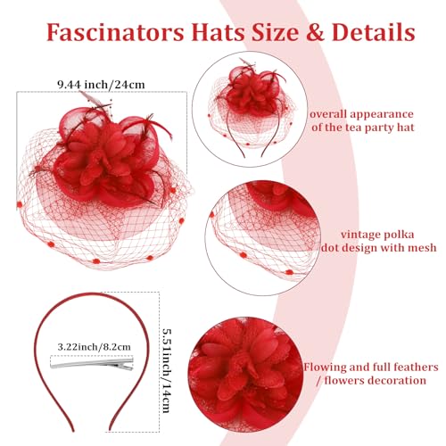 Semato Fascinators Hats for Women Mesh Feathers Elegant Red Tea Party Kentucky Hat Derby Headband with Hair Clip - color: Red