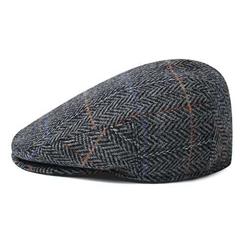 Men Wool Plaid Ivy Gatsby Newsboy Cap - color: Plaid Grey, size: 7 7/8