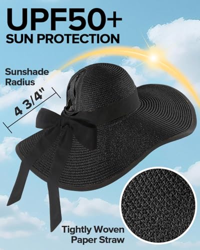 Sun Beach Hats for Women with Ponytail Hole, Floppy Wide Brim Beach Hat, Straw Summer Packable Sunhat Foldable Sun Protection - color: Black, size: Medium