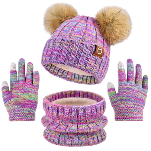 Kids Winter Hat Gloves Scarf Set Girls, Children Beanies Hats with Pom Pom - color: Rainbow Mix
