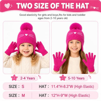 Girls Winter Hat and Gloves Set, Kids Cat Knit Beanie with Earflaps - color: Hot Pink, size: 2-4 Years