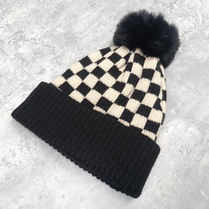 Unisex Classic Checkered Beanie Cuffed Winter Warm Knitted Plaid Hat with Pompom - color: Black Khaki