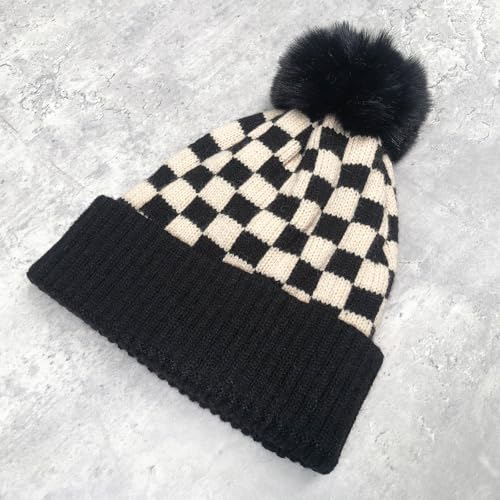 Unisex Classic Checkered Beanie Cuffed Winter Warm Knitted Plaid Hat with Pompom - color: Black Red