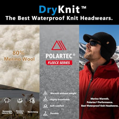 TOP-EX DryKnit™ 80% Merino Wool Waterproof Warm Brim Beanie with Ear Flaps - color: Light Grey (Waterproof), size: Medium-Large