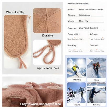 Mens Womens Warm Fleece Beanie Soft Winter Hat with Ear Flaps Windproof Ski Snow Cycling Skull Cap Helmet Liner - color: Pink