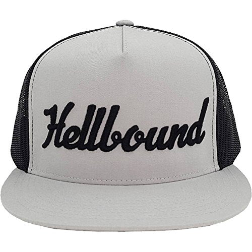 Hellbound Trucker Cap for Men – Flat Bill 5-Panel Mesh Hat – 3D Raised Hellbound Front Embroidery – Adjustable Snapback – One Size Fits Most – Bold Baseball Cap (Silver/Black)