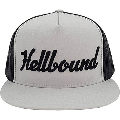 Hellbound Trucker Cap for Men – Flat Bill 5-Panel Mesh Hat – 3D Raised Hellbound Front Embroidery – Adjustable Snapback – One Size Fits Most – Bold Baseball Cap (Silver/Black)