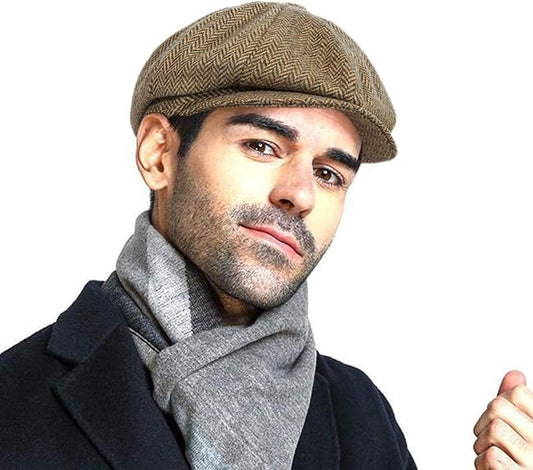 Wool Tweed Newsboy Cap for Men Paperboy Warm Winter Hat Vintage Flat Ivy Cabbie Gatsby Cap - color: Brown, size: X-Large-XX-Large