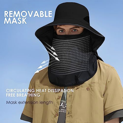 Outdoor Sun Hat Detachable Neck Face Flap UPF 50+UV Protection Visor Fishing Hats with Neck Flap for Men & Women - color: Black