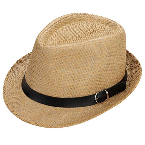 Straw Fedora Hat for Men Women Short Brim Trilby Hat Packable Roll Up Panama Jazz Cap Summer Beach Sun Cap - color: Dark Brown