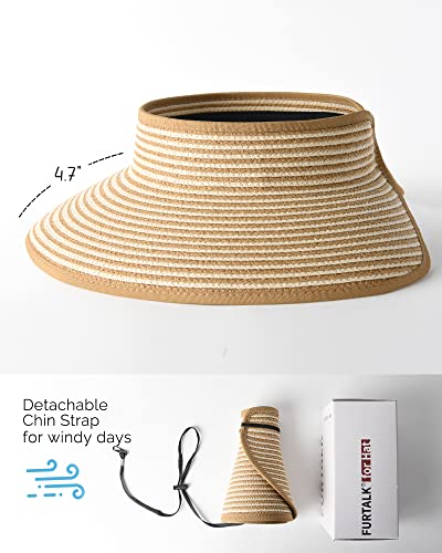 FURTALK Womens Sun Hat with Ponytail Hole Wide Brim Beach Straw Visor - color: 04-khaki Beige Stripes