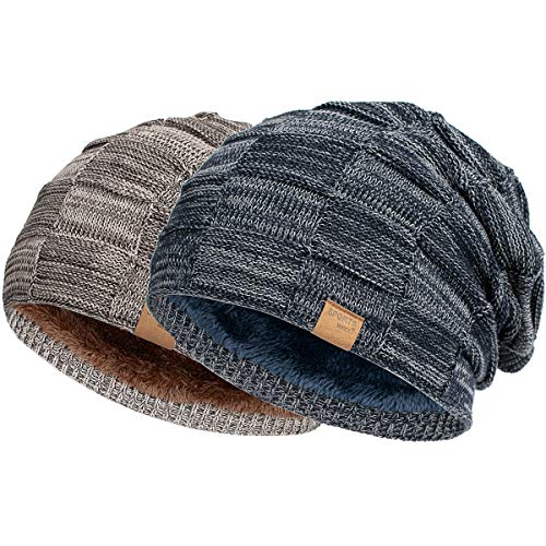 Vgogfly Slouchy Beanie for Men Winter Hats for Guys Cool Beanies Mens Lined Knit Warm Thick Skully Stocking Binie Hat Pairs - color: Navy / Brown