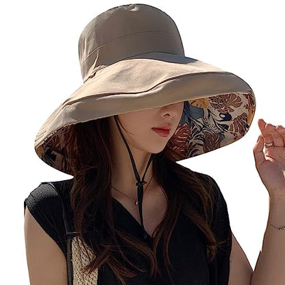 HUAMULAN Women Summer Vacation Wide Brim Sun Hat Reversible Fishing Hats - color: Khaki