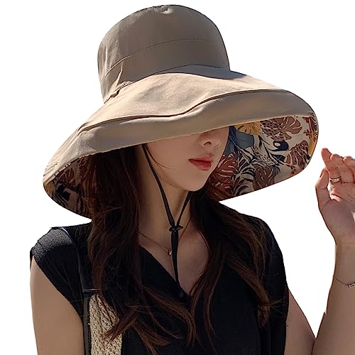 HUAMULAN Women Summer Vacation Wide Brim Sun Hat Reversible Fishing Hats - color: Khaki