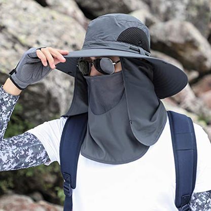 Men Women Safari Bucket Fishing Sun Hats Face Cover Neck Flap - color: Dark Gray