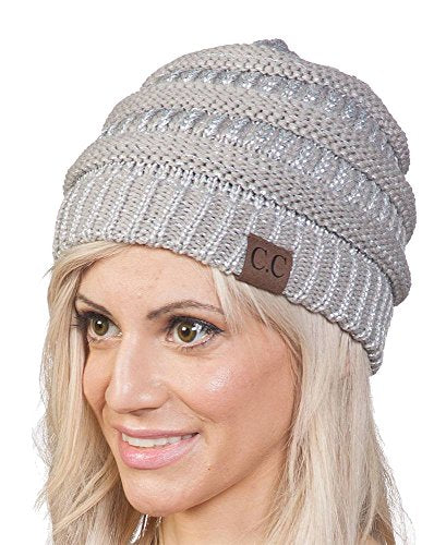 C.C Trendy Warm Chunky Soft Stretch Cable Knit Beanie Skully - color: Metallic Silver