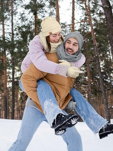 LOROME Winter Beanie Hat Scarf Gloves, Warm Fleece Knit Neck Scarf Set Gift - color: Beige