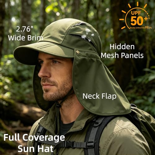 Men Women Safari Fishing Sun Cap with Removable Neck Flap UPF 50+ UV Protection Quick Dry Breathable Hats - color: Amry Green
