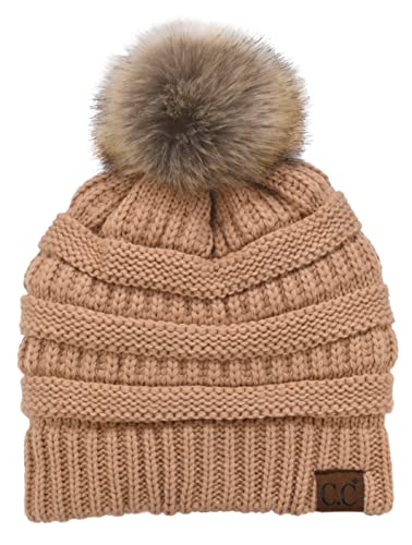 C.C Trendy Fuzzy Fleece Lined Warm Comfortable Soft Stretch Cable Knit Ribbed Faux Fur Pom Pom Beanie Hat - color: Sand Beige