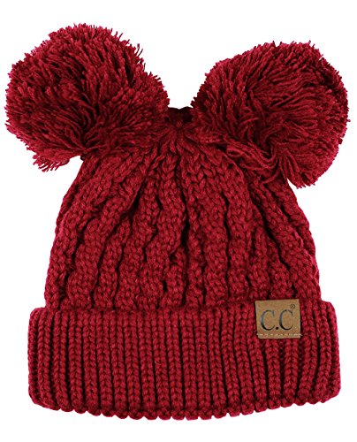 C.C 2 Ear Pom Pom Cable Knit Soft Stretch Cuff Skully Beanie Hat - color: Burgundy