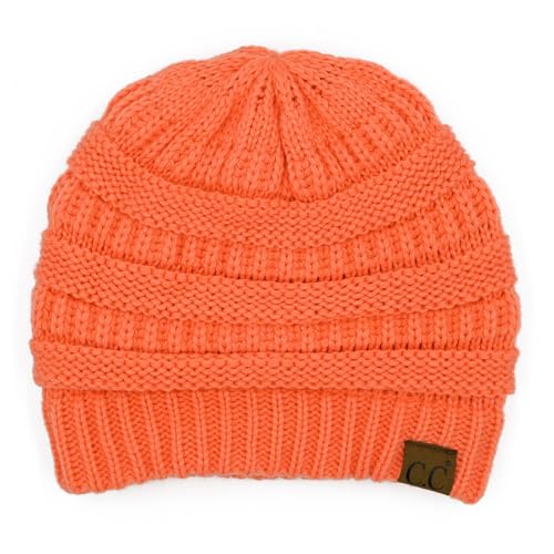 C.C Unisex Chunky Soft Stretch Cable Knit Warm Fuzzy Lined Skully Beanie - color: Coral