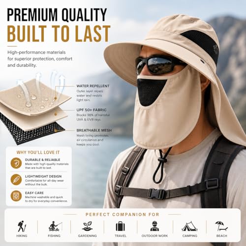 Sun Hat with Neck Flap and Face Cover, Wide Brim Fishing Hat with Mesh Ventilation, UPF 50+ UV Protection - color: Beige