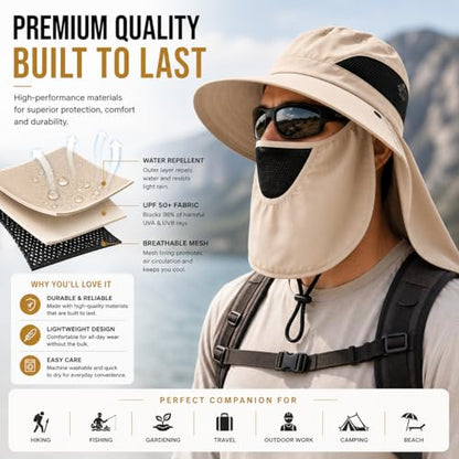 Sun Hat with Neck Flap and Face Cover, Wide Brim Fishing Hat with Mesh Ventilation, UPF 50+ UV Protection - color: Beige