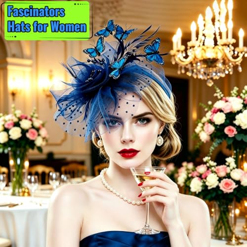 Women's Fascinators Hat with Butterfly, Kentucky Horse Derby Headwear Decor - color: Navy Blue