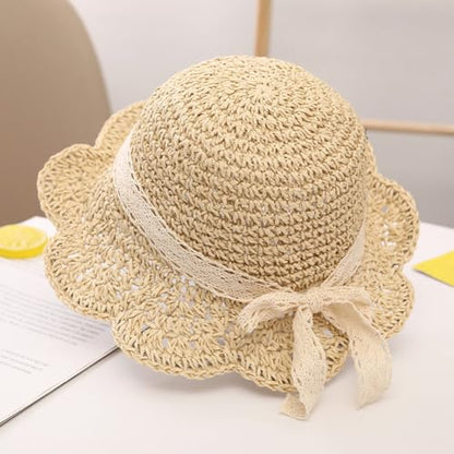 리본이 달린 유아용 밀짚 모자, UPF 50+ 접이식 해변 햇빛 차단 캡 아기용 - color: 베이지., size: 2-5T