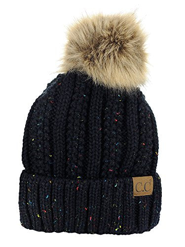 C.C Thick Cable Knit Faux Fuzzy Fur Pom Fleece Lined Skull Cap Cuff Beanie - color: Confetti Black