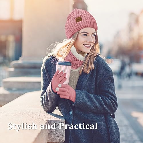 Loritta 3-Pieces Winter Hats for Women Warm Scarf Touchscreen Gloves - color: Pink