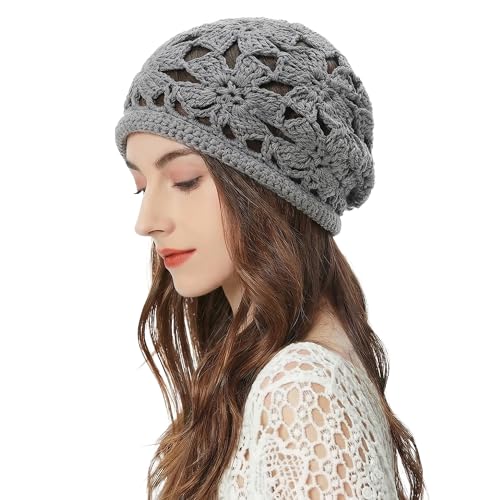 ZLYC Women Cotton Crochet Slouchy Beanie Hat Handmade Knit Summer Skull Cap - color: Crochet Grey