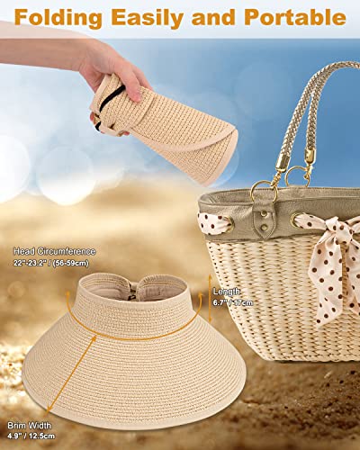 MAYLISACC Foldable Straw Sun Visors for Women, Sun Protecetion Wide Brim Sun Hats Adjustable Topless Beach Hat - color: Beige (1 Pcs)