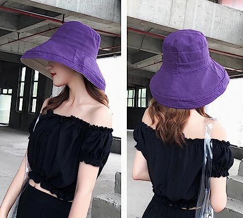 Women Wide Brim Sun Hats Metal Wired Edge Summer UV Protection Beach Fishing Hat for Hiking Garden Travel Chin Strap - color: Lant001-purple, size: One Size