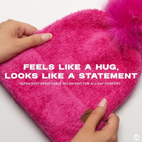 Funky Junque Beanie for Women Ultra Soft Chenille Faux Fur Pom Pom Winter Hats Warm Ski Cap Fashion - color: Hot Pink