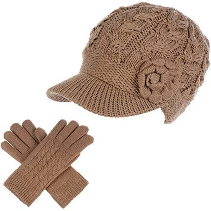 Womens Winter Elegant Cable Flower Knitted Newsboy Cabbie Cap Beret Beanie Hat with Visor, Warm Plush Fleece Lined - color: Camel Cable Flower-hat Gloves Set