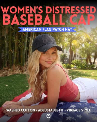 Funky Junque Distressed Baseball Cap, Vintage Embroidered Dad Hat - color: American Flag - Black