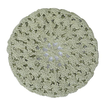 ZLYC Women Cotton Slouchy Crochet Beret Handmade Cutout Floral Beanie Hat - color: Solid Green